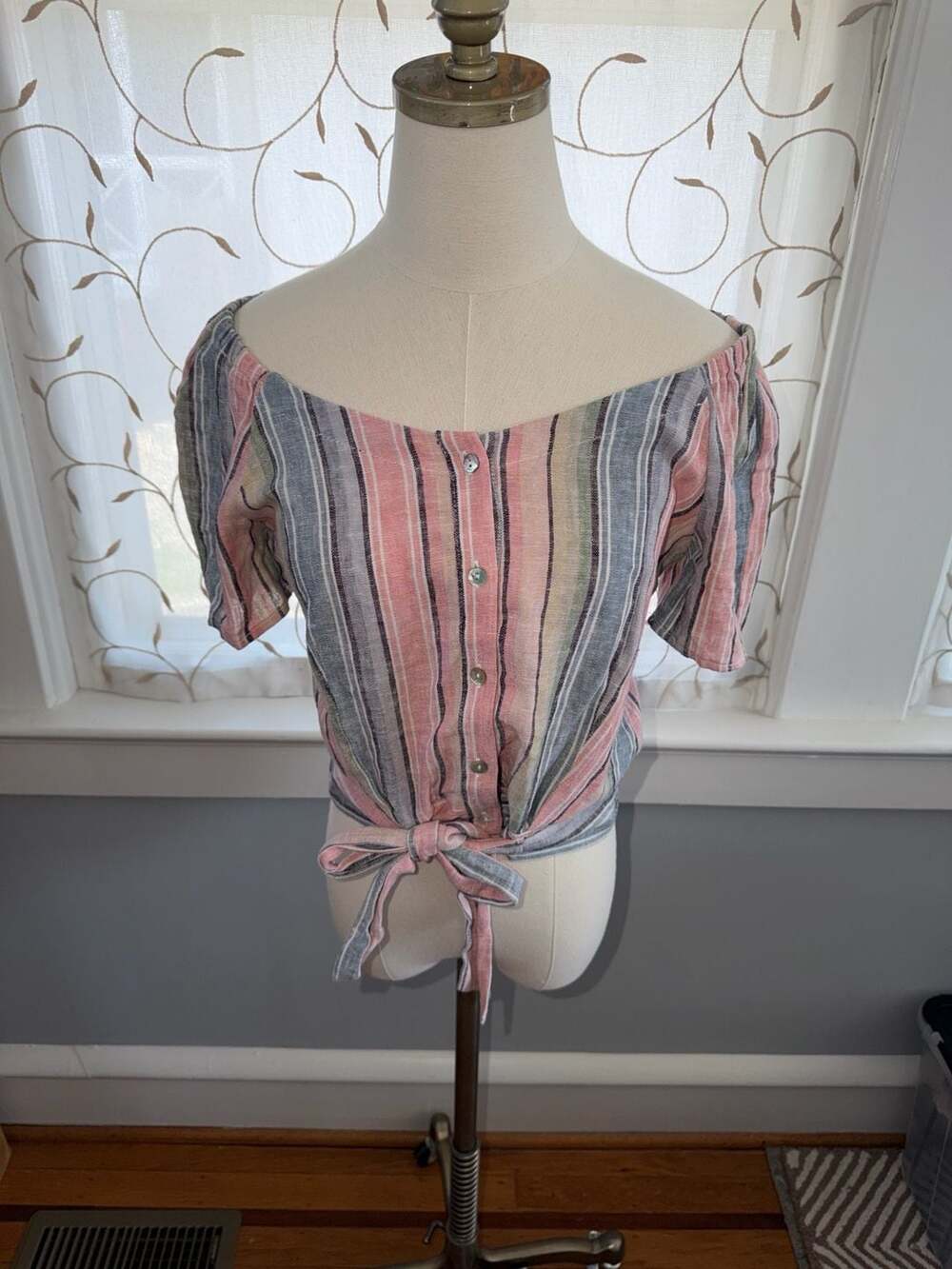 Drew Pastel Striped Linen Blend Tie-Front Off-The-Shoulder Crop Top